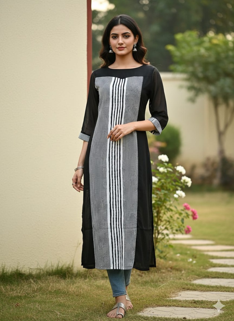 L0048 Farishta Black&White Stripes Slit Kurti