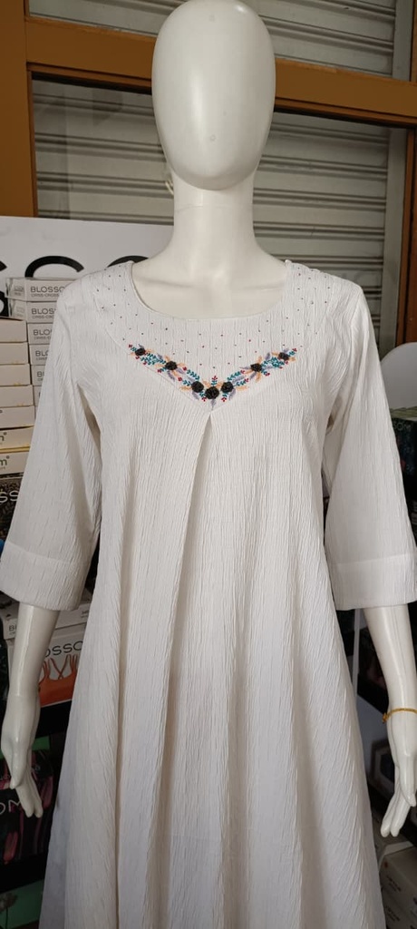 White Textured Fabric Embroidery Aline Kurti