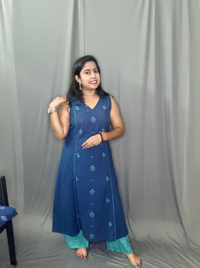  L0208 Anvita Blue Thread Work Aline Slit 2PC  