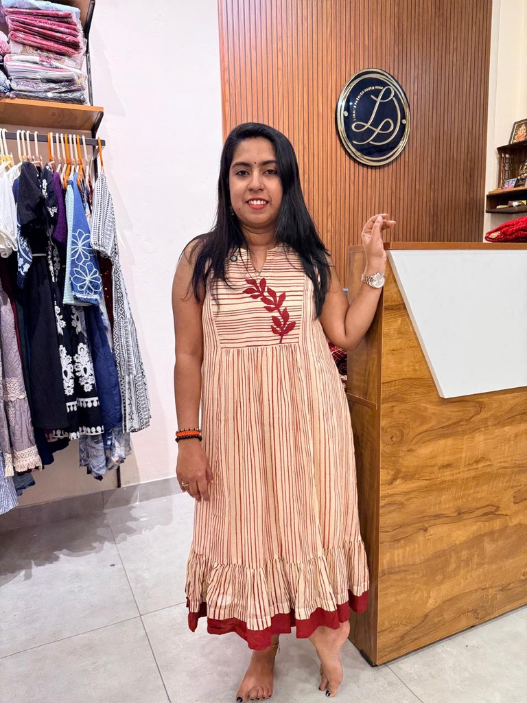 L0194 Anvita Mul-Cotton Beige & Brown Stripe Frock