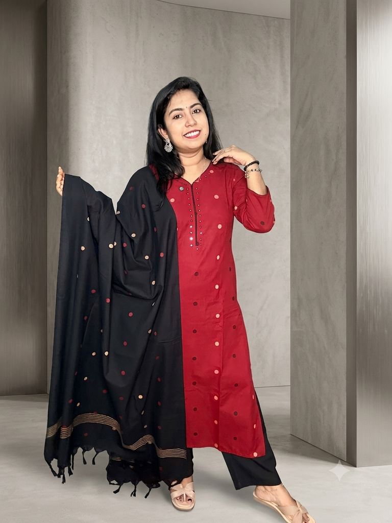 L0238 Premium Jamdani Weaving Maroon Slit 3PC Set 