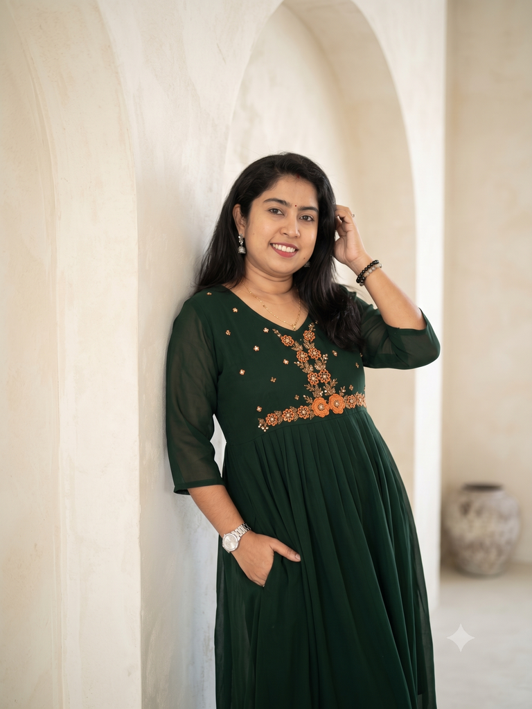 MFBL020 Dark Green Georgette Heavy Hand Work Aline Kurti