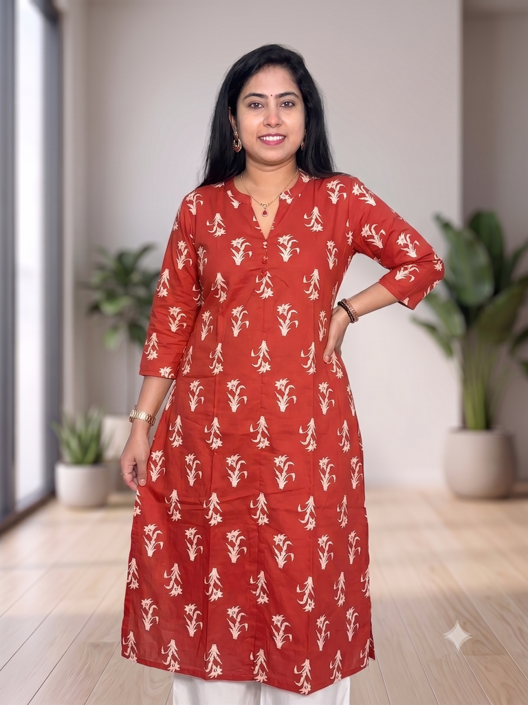 MFA006 Cotton Brick Chinese Collar Slit kurti