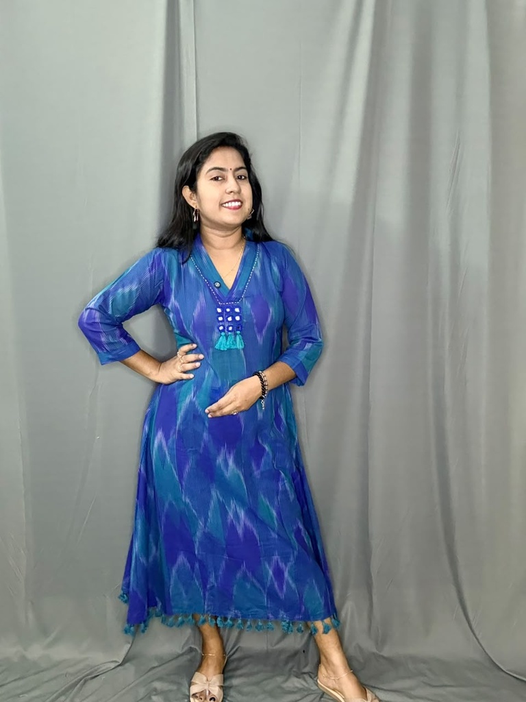 BHL003 Ikkat Print Aline Frock With Pompom Lace