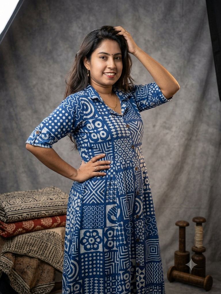 BHL006 Indigo Shirt Collar Frock