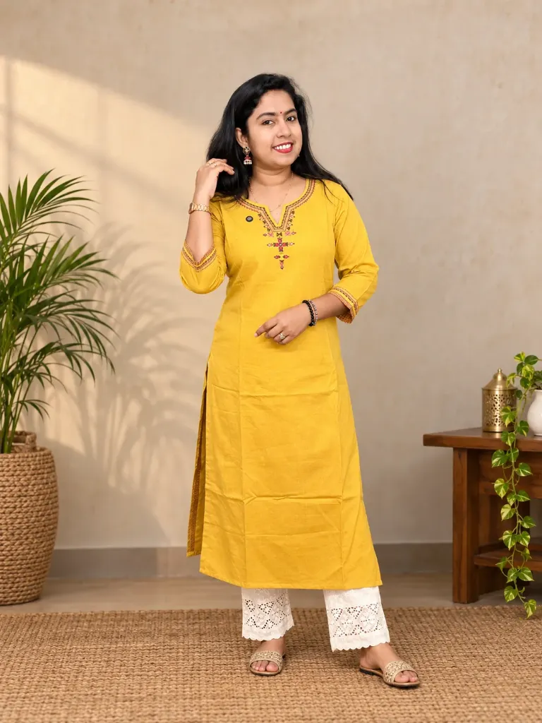 ANV008 Anvita Yellow Embroidered Slit Kurti