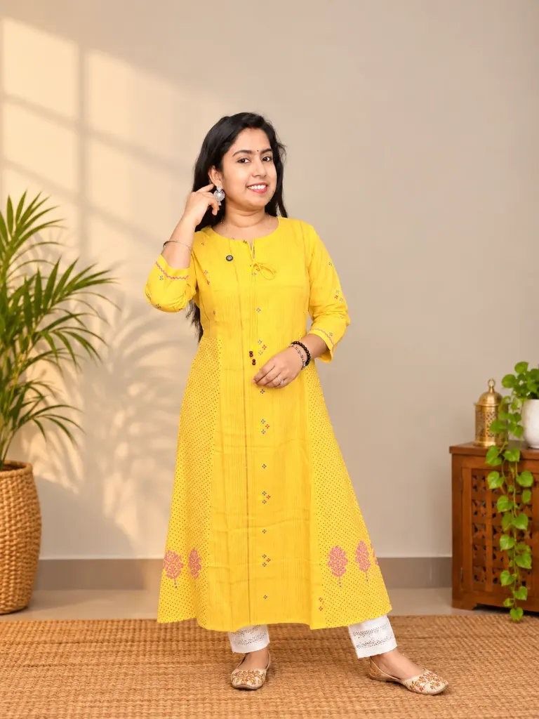 ANV011 Anvita Yellow Golden Striped Panelcut Aline Slit Kurti