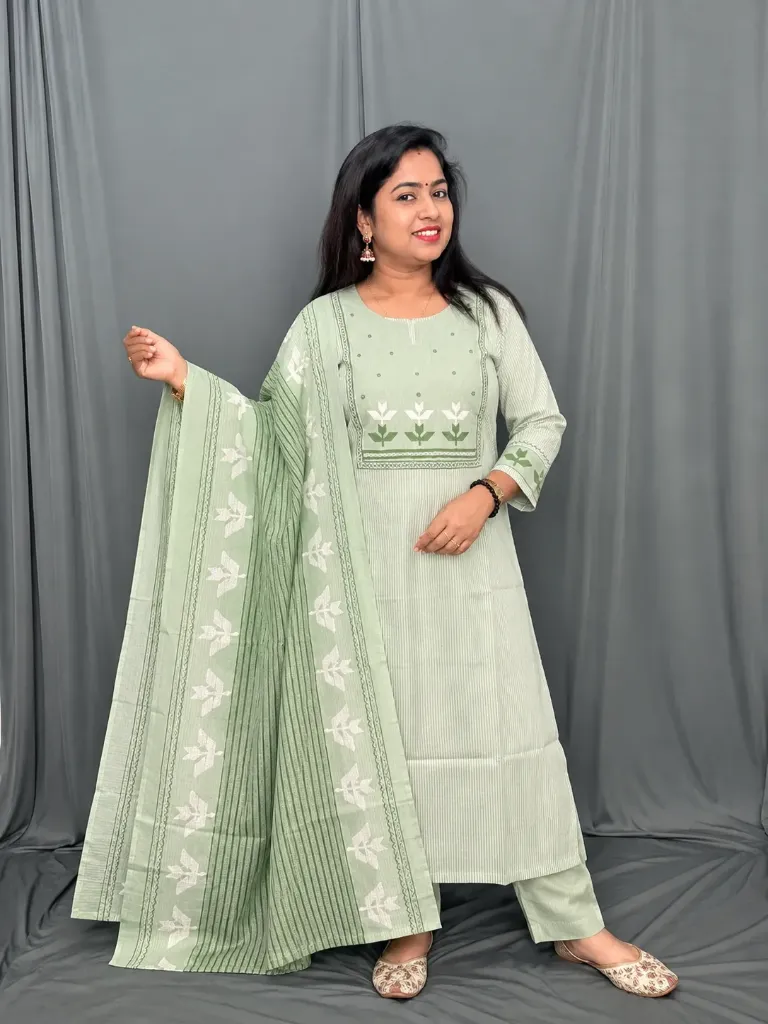 ANV015 Anaya Pista Green Striped Slit 3PC Set