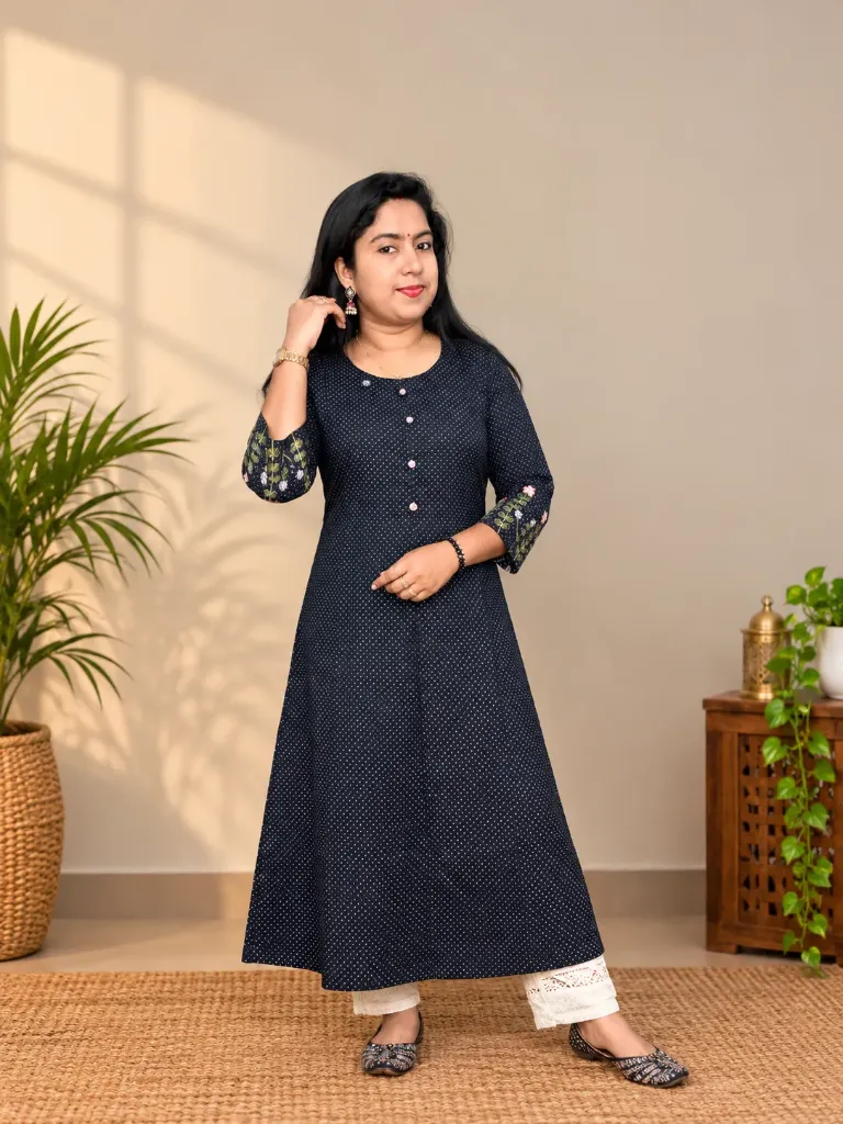 ANV024 Anvita Black Small Polka Dots Embroidered Sleeves Aline Slit Kurti