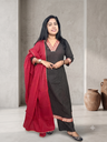 ANV027 Anvita Black Checked Aline 3PC Set With Kanchi Border V-Neck and Hemline