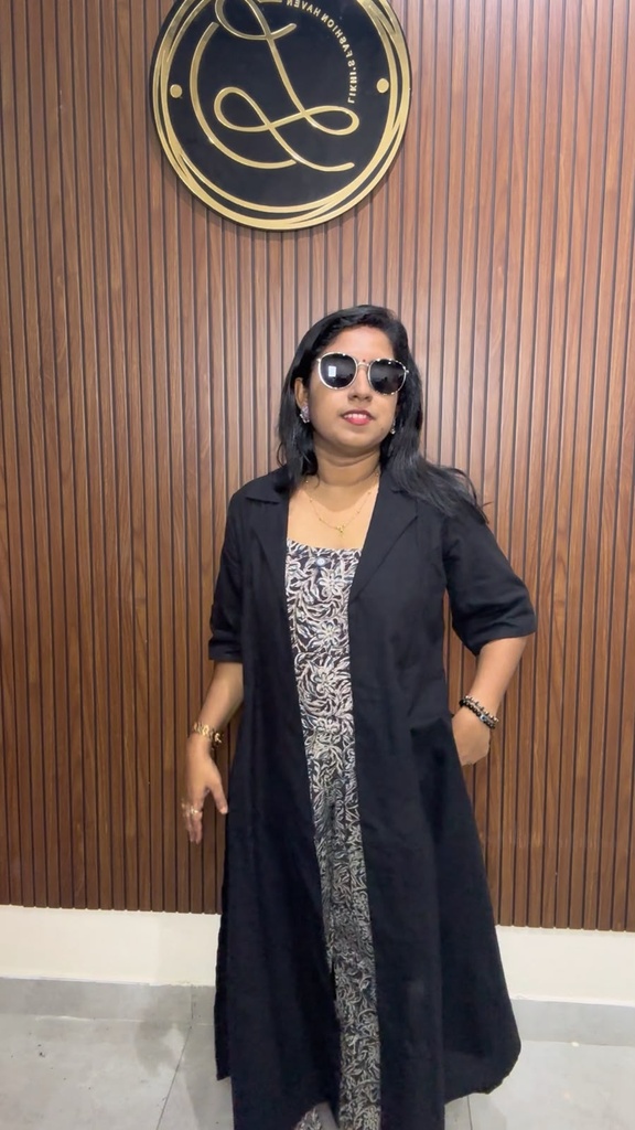 ANV028 Anvita Kalamkari Top & Bottom With Black Overcoat 3PC Set