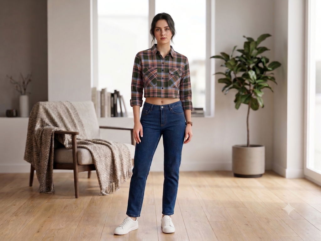 RF002 Olive Checked Crop Shirt