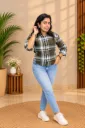 RF041 Dark Olive Boxy High-Low Checked Crop Shirt