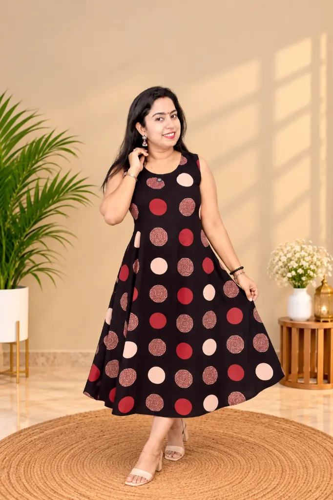 KCH005 Ajrakh Polka Dots Printed Sleeveless Kurti