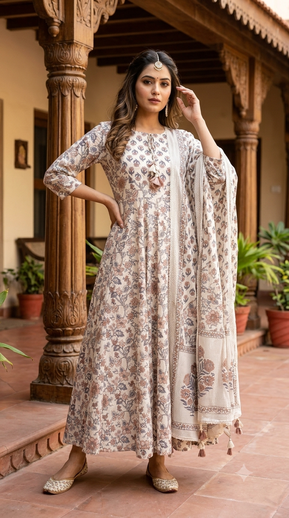 GHC453-GY White Printed Aline 3PC Set