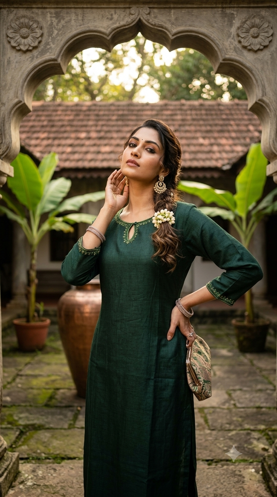 GHC354-G Green  Neck Embriodery  Slit Kurti