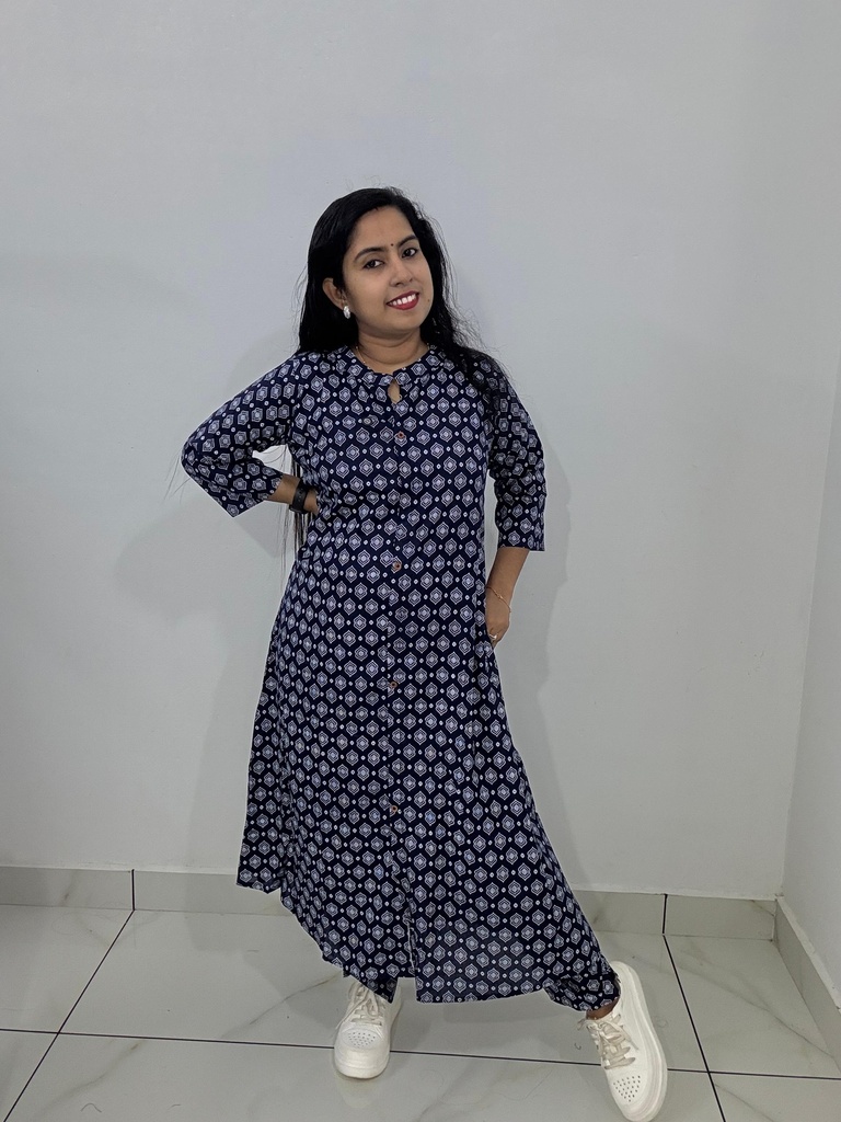 H214 Navy Blue White Printed Aline Coord Set  