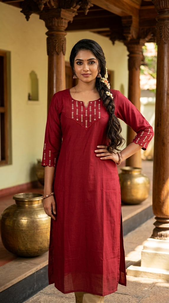 CL0007 Red Slub Cotton Slit Kurti
