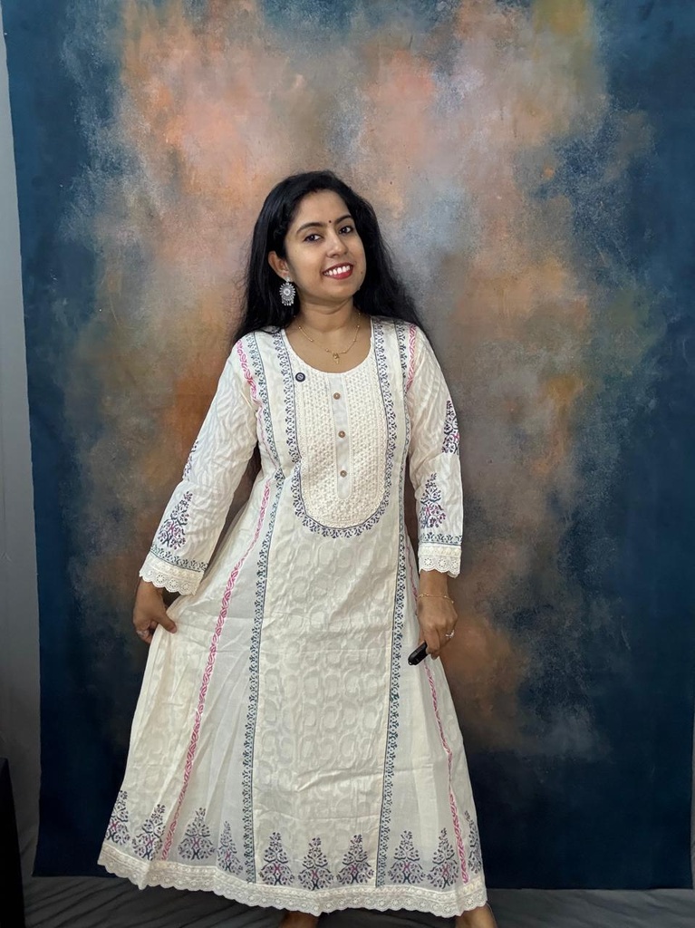 Farishta Kerala Cream Kora Cotton Hakoba Panel Cut Kurti