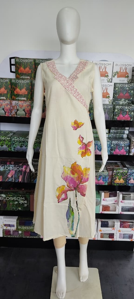 Vismay Cream Sleeveless Embroidery Kurti 