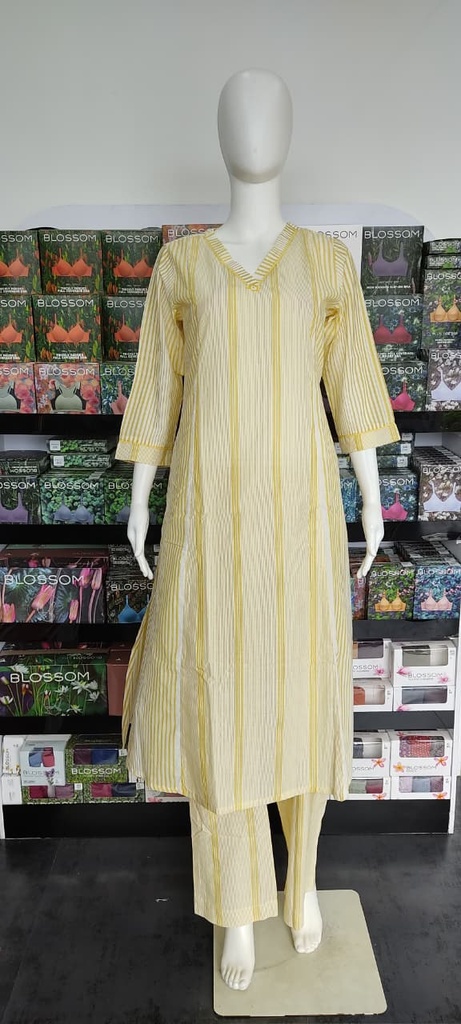 Anvita Kerala Cream Golden Yellow Stripes Premium Cotton 3 Panel Aline Slit Kurti With Bottom
