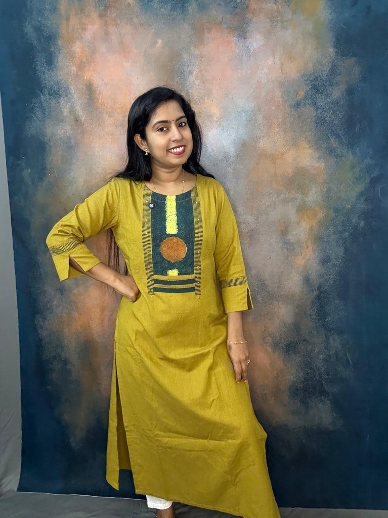 Anvita Mustard Yellow Hakoba Patch Slit Kurti 