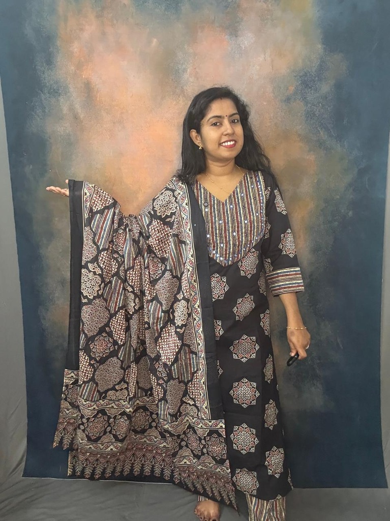 Cotton Ajrakh Print Handwork Slit 3PCS Set 