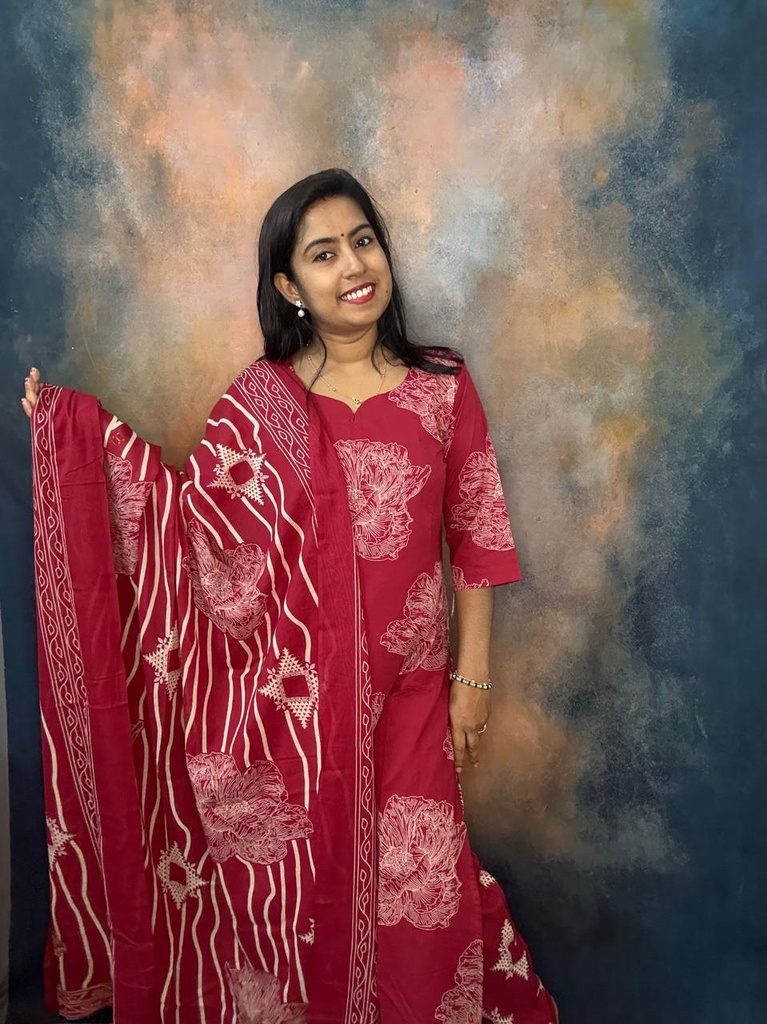 Reddish Maroon Pure Cotton Floral Printed Slited 3pc Set