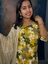 Yellow Green Pure Cotton Floral Printed Slited 3pc Set 