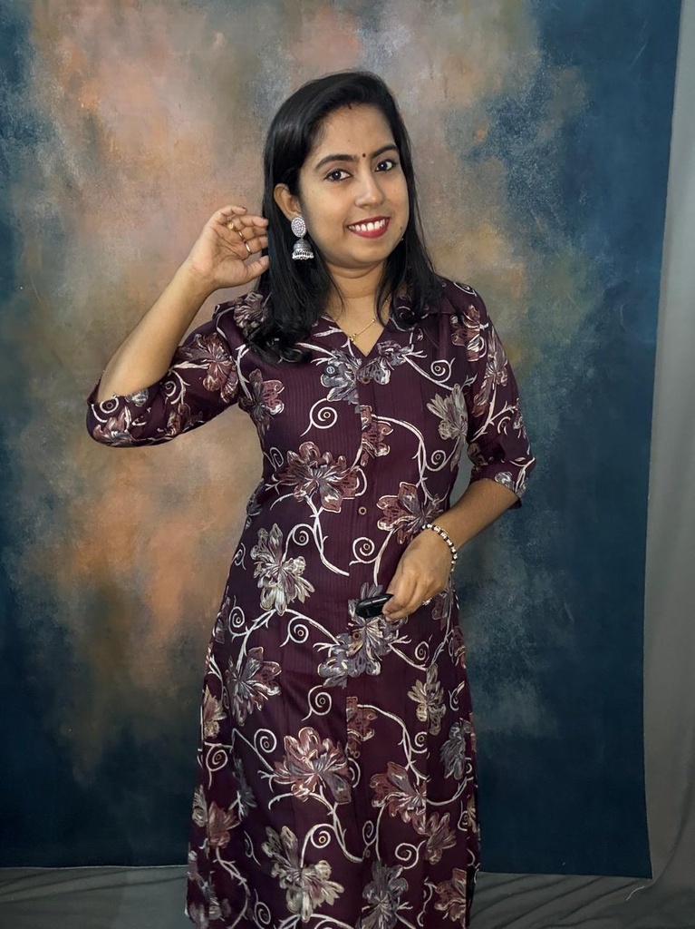 Dark Wine Vatican Silk Collar Neck Floral Printed Aline With Front Slit Coordset