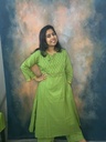 Anvita Parrot Green Handpaint Yoke 6 Panel Aline Slit With Plain Palazzo