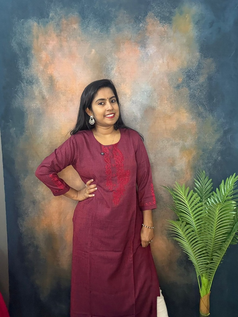 Beetroot Color Mixed Cotton Maroon Thread Work Slit Kurti 