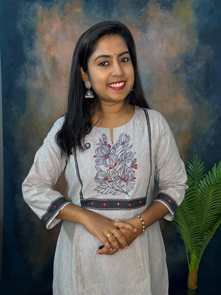 Anvita Light Grey Strips Pattern With Floral Embroidery 6 Panel Aline Slit Kurti 