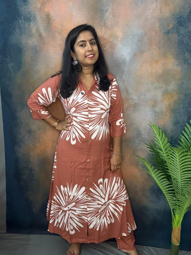 Rust White Printed Premium Rayon Collar Aline Coordset