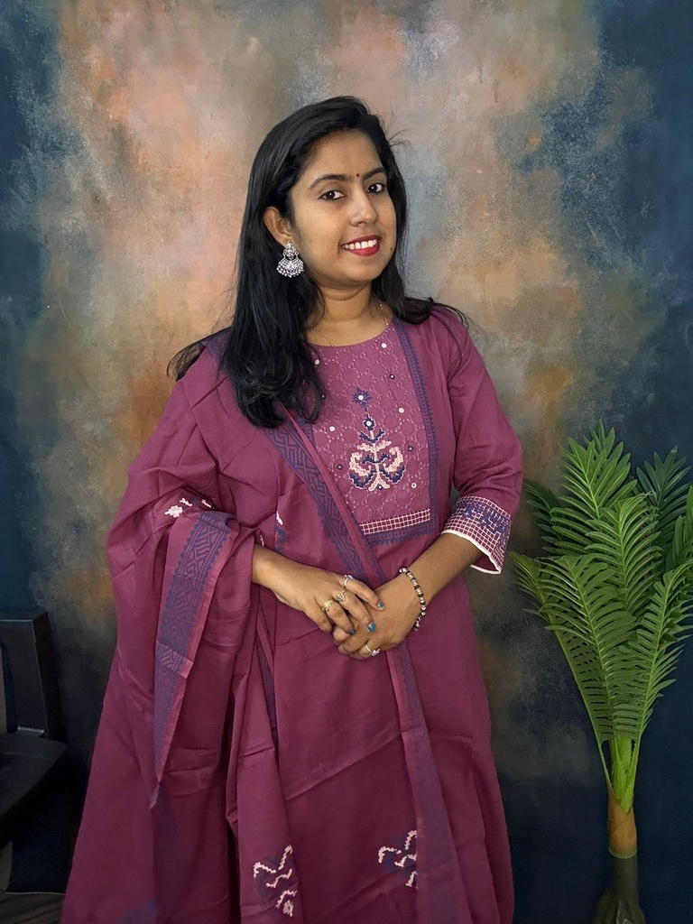 Anaya 3pc Majenta Paint Work Slit Kurti With Pocket