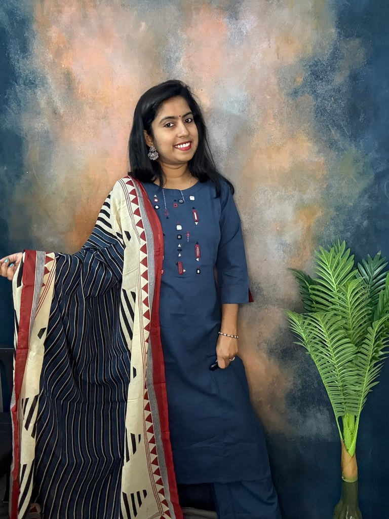 Anvita Teal Blue Front Mirror and Thread Work 3pc Slit Kurti 