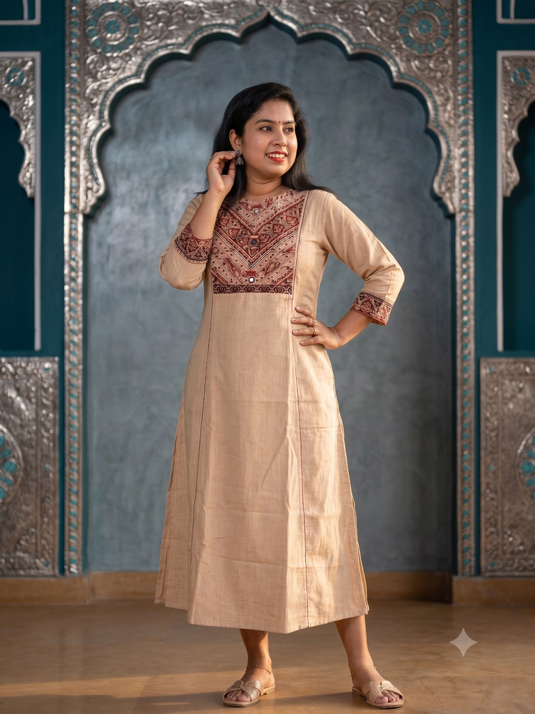 ANV007 Anvita Skin Color Panelcut Mirror Work Aline Slit Kurti 
