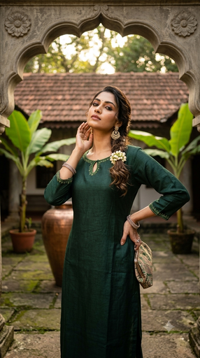 GHC354-G Green  Neck Embriodery  Slit Kurti