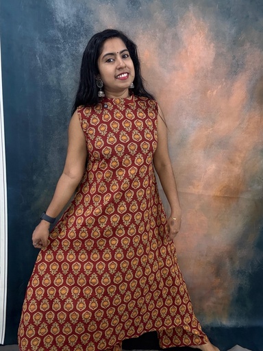 Brick Red Cotton Sleeveless Coord Set 