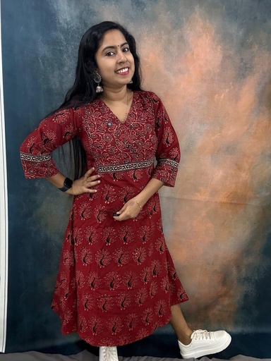 Ajrak V Neck Cotton Aline Kurti 