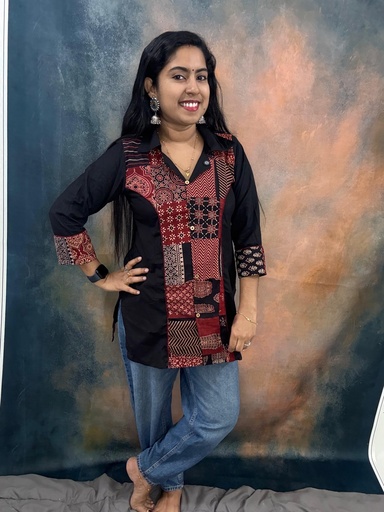 Black Ajrakh Plain Patch Short Top