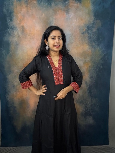 Nayathi Black&Brick Red Cotton Ajrakh Panel Cut Kurti