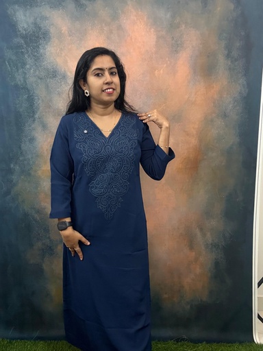 Farishta Navy Premium Wrinkle Rayon Self Thread Embroidery Slit Kurti 