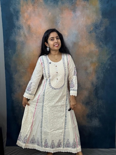 Farishta Kerala Cream Kora Cotton Hakoba Panel Cut Kurti