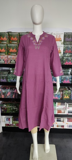 Anvita Light Purple Colloar Neck Embroidery Premium Cotton Princess Cut Aline Slit Kurti 