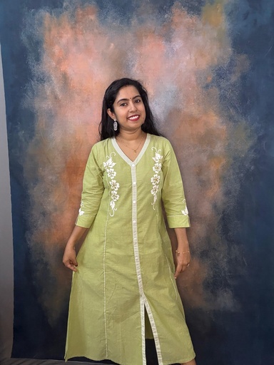 Anvita Pista Green White Hand Paint Premium Cotton Princesscut Aline Slit Kurti 