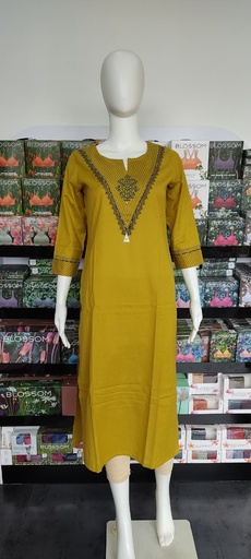 Anvita Lemon Yellow V Neck Thread Embroidery Premium Cotton Slit Kurti 