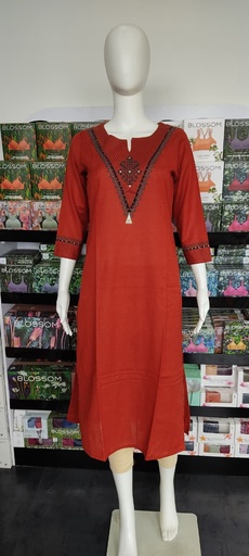 Anvita Rust Brown V Neck Thread Embroidery Premium Cotton Slit Kurti