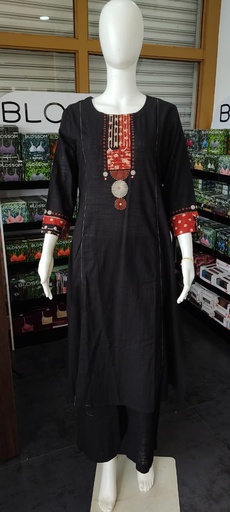 Anvita Black Brick Red Patch 6 Panel Aline Slit Kurti & Bottom 