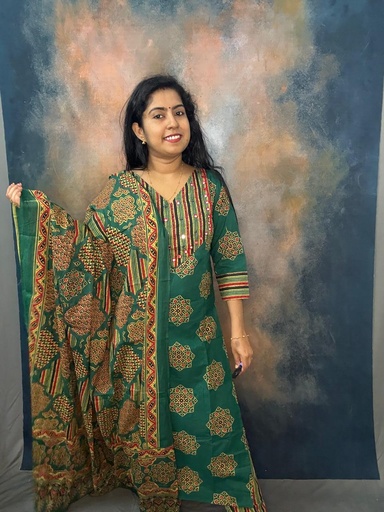 Cotton Ajrakh Print Handwork Slit 3PCS Set 